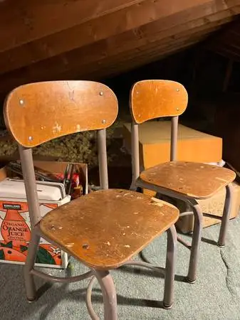 small childs school desk chair metal and wood heavy