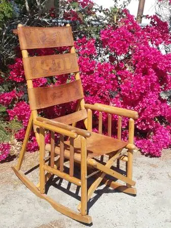Costa Rican   Teak Brown Leather Folding Rocker Rocking Chair