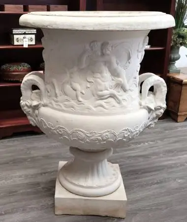 Monumental Neoclassical Architectural Cast Stone Urn Rams Head Handles