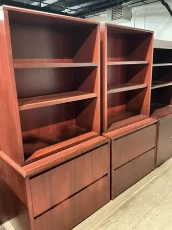 2Dr 36Wx20D lateral file cabinet w/ open hutch in Mahogany wood/vene