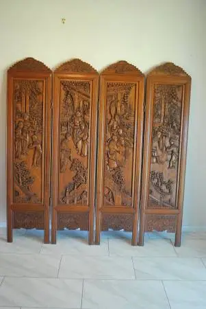 Hand Carved Oriental 4 Panel Wood Room Divider By George Zee & Co