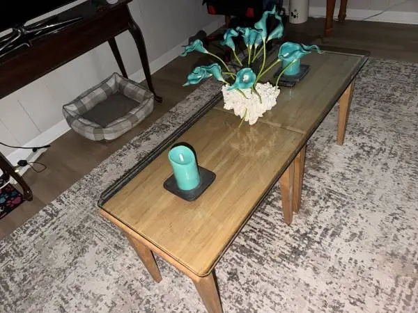 COFFEE TABLE WITH THICK GLASS AND DECORATIONS