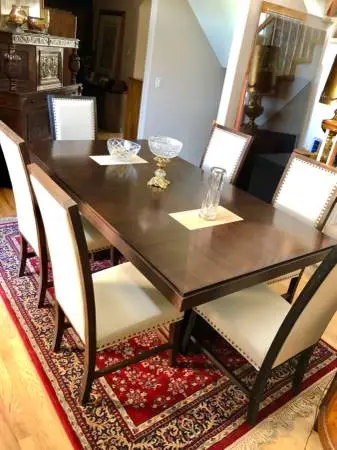 RH- RESTORATION Hardware table & 6 WORLD MARKET modern chairs.