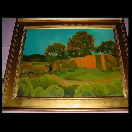 RARE ART LARGE ED SANDOVAL OIL PAINTING OF TAOS, NEW MEXICO LANDSCAPE