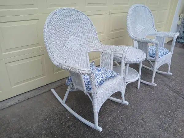 PAIR OF WHITE WICKER ROCKING CHAIRS