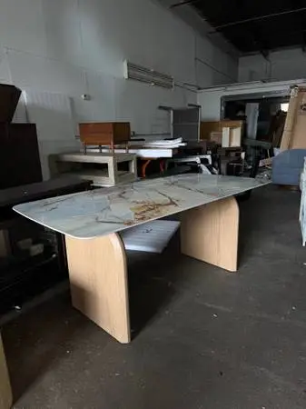 Marble Stone Top with Arched Wood Base Dining Table