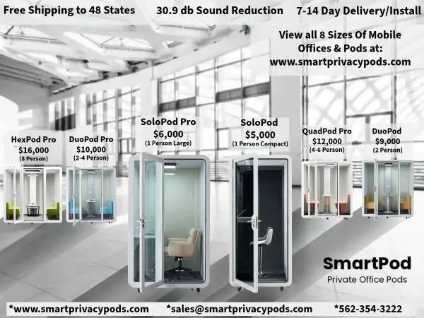 Office Pods & Privacy Booths • 7-14 Day Delivery • 8 Sizes