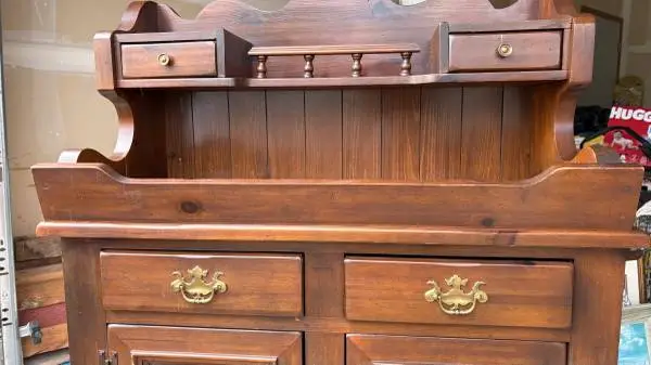 Vintage Wood Hutch / Buffet Sideboard with Brass Hardware