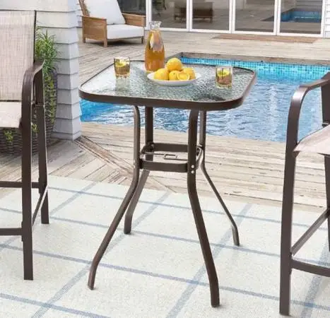Outdoor Square Balcony Patio Table Brown Glass Top Aluminum, Umbrella Hole