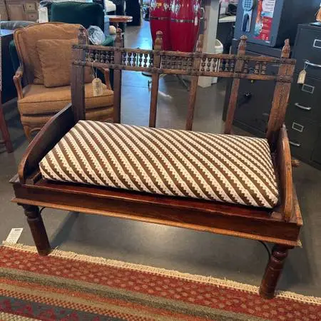 Rustic Indian Ox Cart Bench W/ Cushion- 48X21X39H