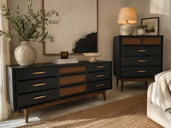 MID CENTURY MODERN KROEHLER DRESSER SET . REFINISHED IN CAVIAR BLACK
