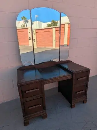 Vintage wooden tri-fold mirror vanity desk