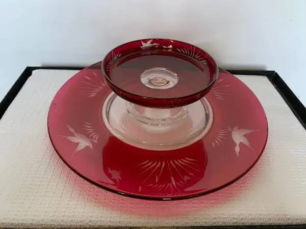 Vintage Cranberry Ruby Red Etched Glass w/Geese Relish Tray/Bowl Set