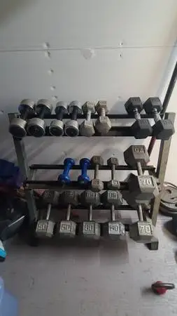 Dumbbells, Rack, Slamballs, Battle Rope, Olympic Bar & Plates & Tree