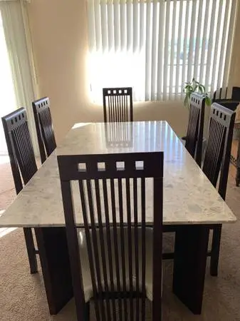 Contemporary Solid Marble Top Dining Table With 6 Matching Wood Chairs
