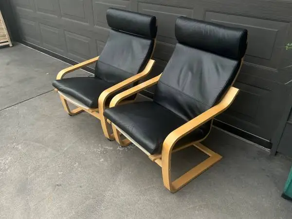 Pair of Black Genuine Leather Lounge Chairs