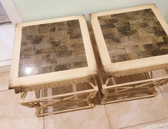 2 Stone Granite Top Iron Metal End Tables Side Accent Nightstand Planter Stand S