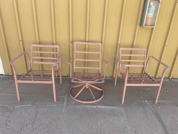 DIYer, (2) VINYL STRAP STEEL PATIO ARM CHAIRS & (1) MATCHING ROCKER