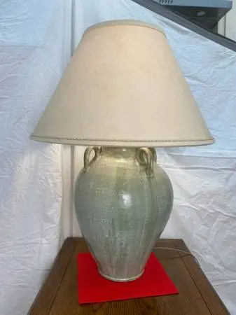 HUGE Vintage Lamp w/ Linen Shade & Crackled Glaze Ceramic Base