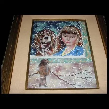 RARE LARGE DOMINIC MINGOLLA ENAMEL-COPPER ART PAINTING DOG GIRL BIRD