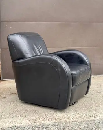 Modern Contemporary Black Leather Swivel Club Lounge Chair