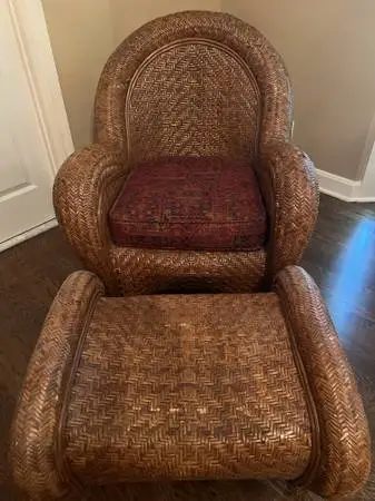 Pottery Barn Malabar Collection Brown Wicker Chair and Ottoman Set