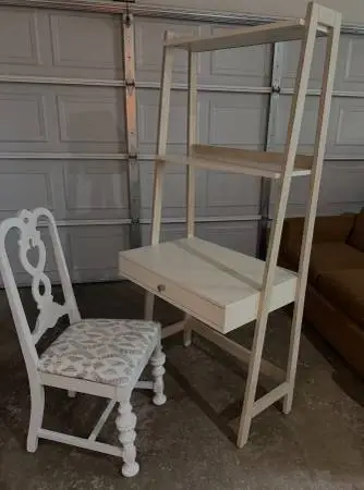 White Desk w/built-in Light Gray Dist. Wood look shelf - FREE chair