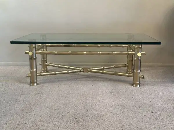 Vintage Gold Glam Thick Bamboo Base Glass Top Coffee Cocktail Table