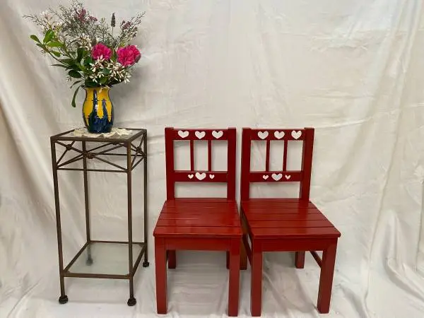 Set of 2 Vintage Montessori Classroom Chairs Painted Red w/ Hearts