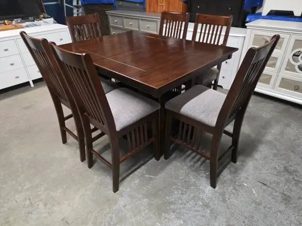Espresso Color / Gray Fabric Counter Height Dining Room Table Set