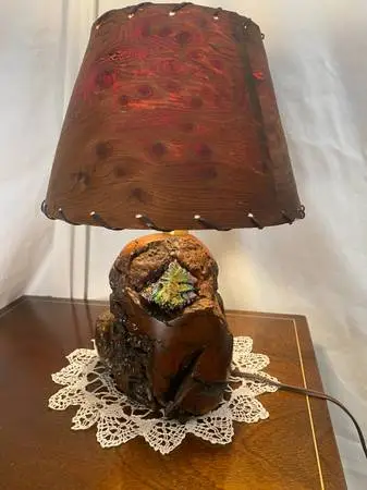 Antique Burled Root Wood Base, Bark Lampshade & Rainbow Titanium