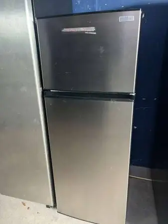 stainless steel dorm fridge.
