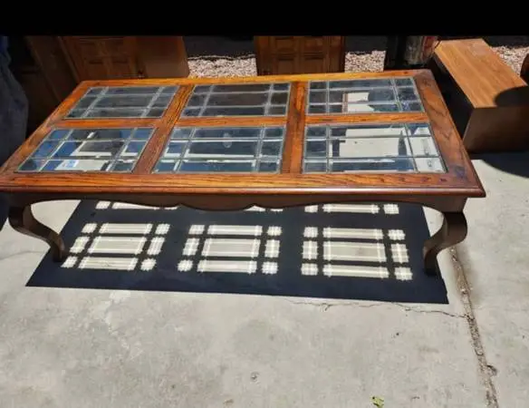Vintage Wood Coffee Table with Leaded Glass Inserts