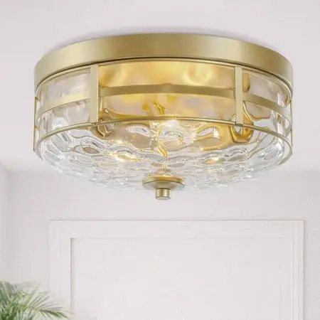 KSANA Gold Modern Flush Mount Ceiling Light Fixture Water Ripple Glass