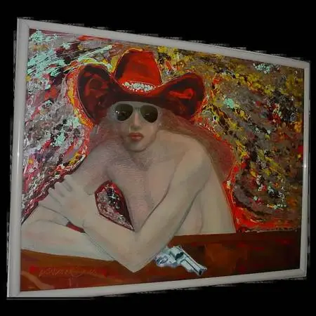 LARGE NUDE WESTERN COWGIRL ART PAINTING BY DURANGO ARTIST MICK REBER