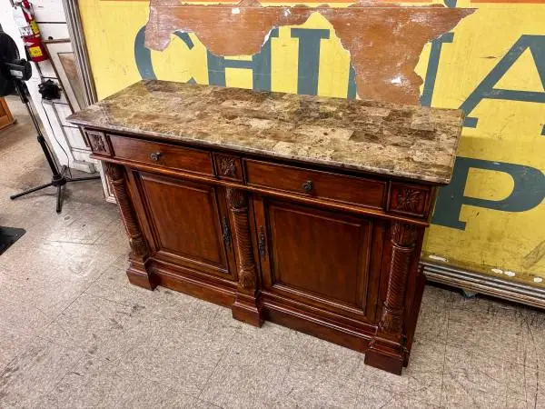 dining buffet sideboard credenza server. dark-stained wood base with carved clas