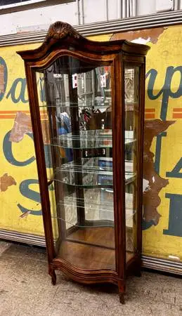 Wood Curved glass curio cabinet display cabinet serpentine glass front both side