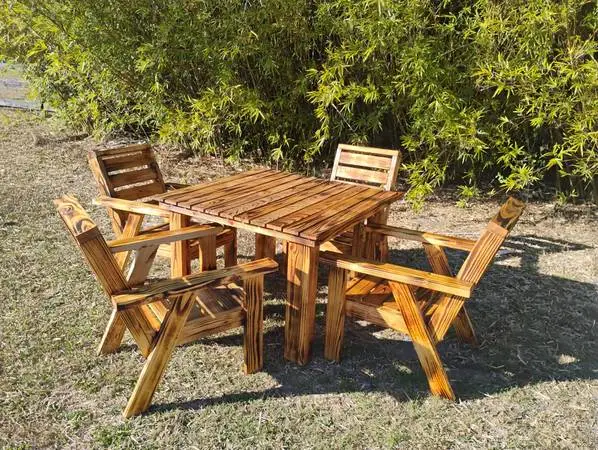 5pc Outdoor Patio Set. 4 Chairs, Table Heavy Duty Set Burned Treated
