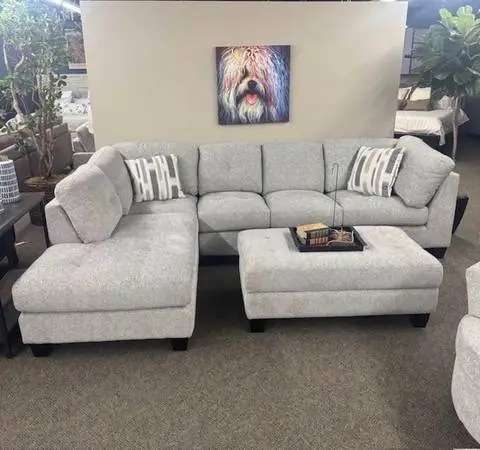 West Elm gray chenille sectional couch and ottoman