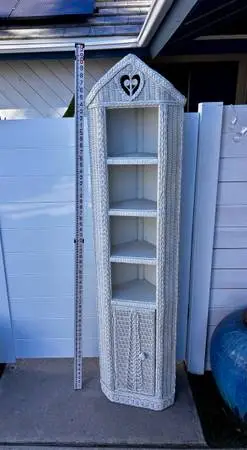 white wicker bamboo corner shelf unitbcabinet etagere bookcase. Works great. Tik