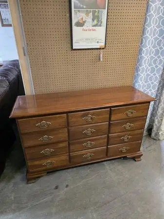 Nine Drawer Wide Cherry Wood Dresser with Metal Drop Handles #522-8