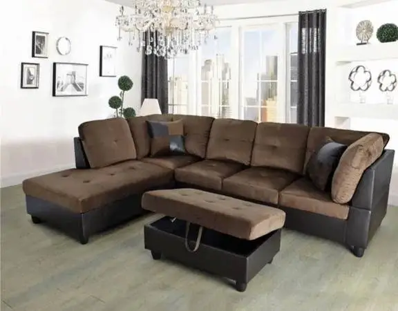 Brown microfiber sectional couch and ottoman