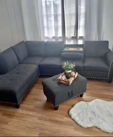 Charcoal linen sectional couch with drop down table