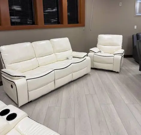 Power electric white leather fully reclining couch set