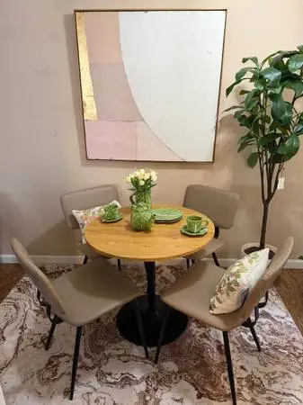Apartment Size Table and four NEW MCM style Taupe Dining Chairs
