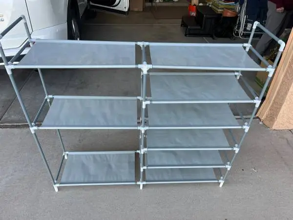 Free standing lightweight fabric storage shelving and hanging rack
