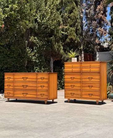 Mid Century Modern Wood Bedroom Set 2 Lowboy + Highboy Dresser