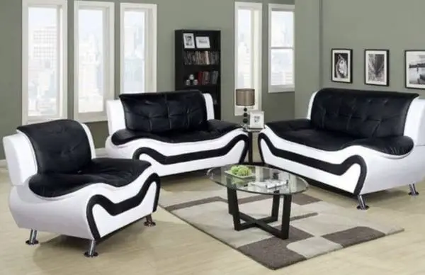 Modern style black and white leather three piece couch set