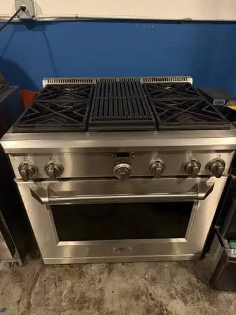 GE Monogram Stainless Steel 36” Gas Range/GE 48” Fridge Built In