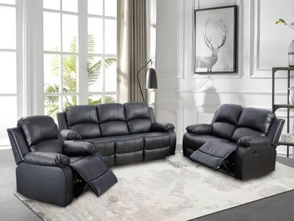 Black leather fully reclining three piece couch set